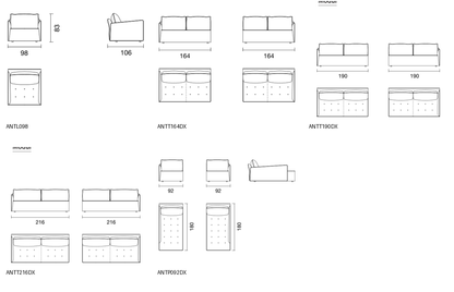 Bontempi Antares Seating Components and Armchair — manufacturer catalogue drawings with article references