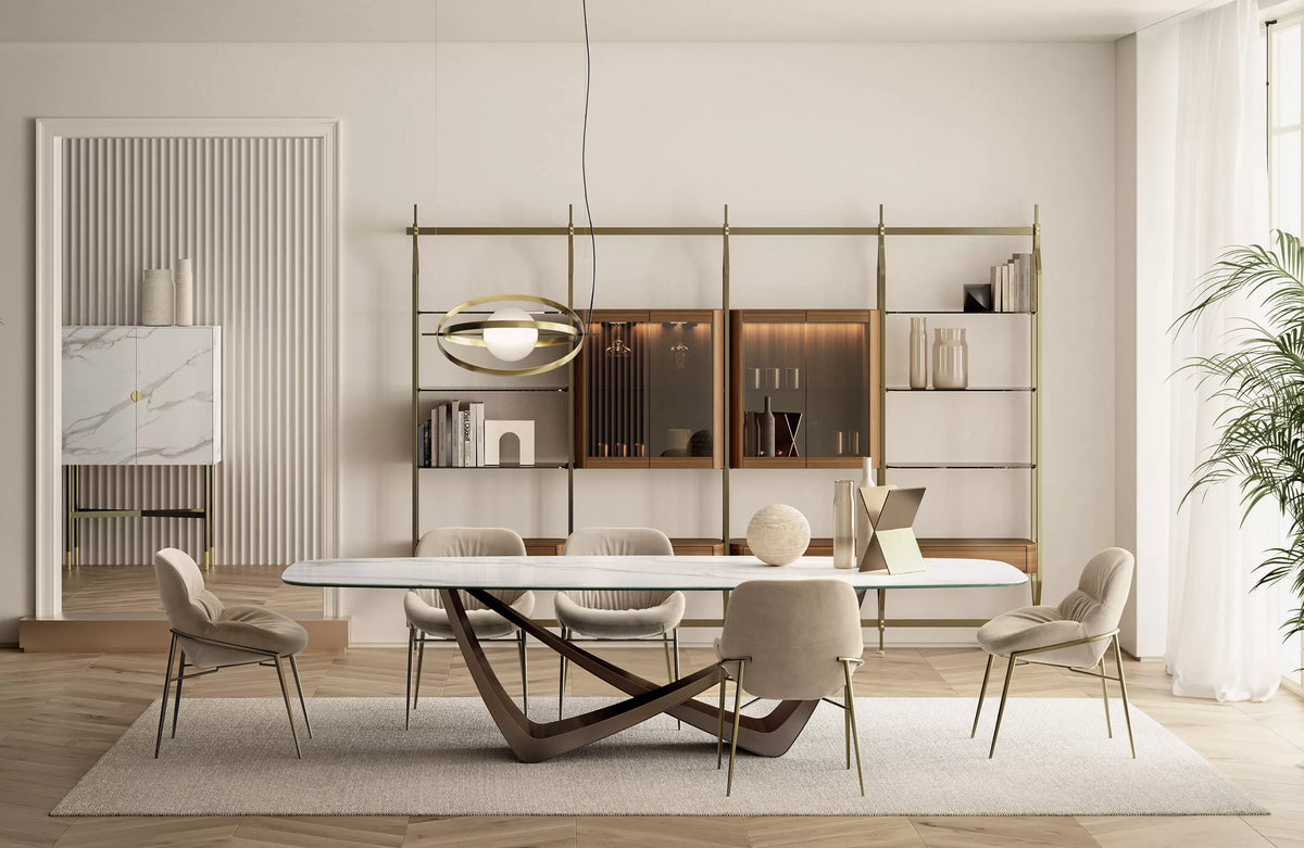 Bontempi Bach Dining Table — manufacturer photograph; BACH_53-77_M028_CM012_AMELIE_34-90_M328_TENO001_PAPILLON_56-54_M325_MADISON_15-50SP_M328_M325_CM012A-CHARLOTTE_16-63_M328_M325_16-78_L036_C159_16-85_M328_L036_16-76_M328_C159