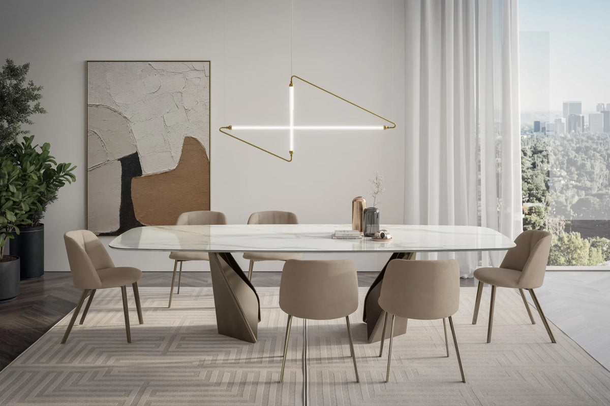 Bontempi Kaleido Dining Table — manufacturer photograph; KALEIDO_54.42_M328_CM012_AGATHA_34.93_M328_VN01_ASTRA_56.66_M325_BORGES_7T004