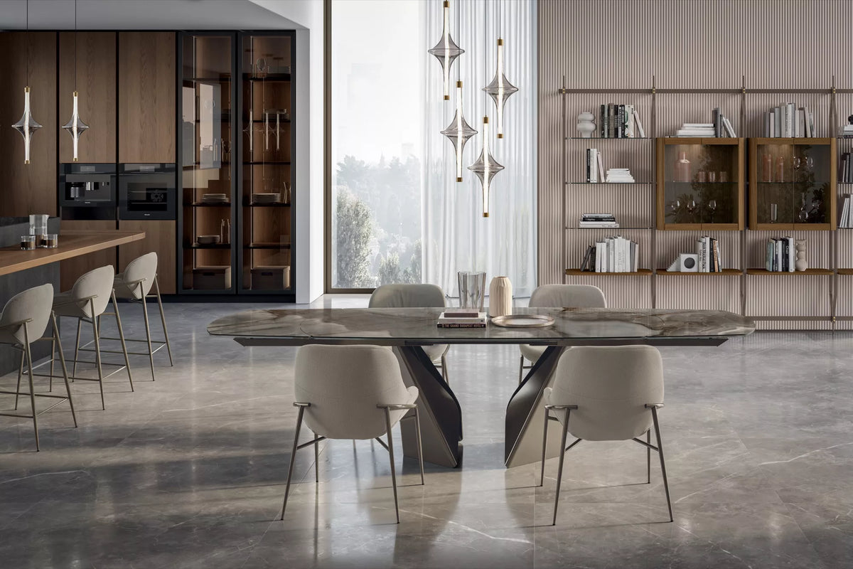 Bontempi Kaleido Dining Table — manufacturer photograph; KALEIDO_54.46_M328_CM009A_AMELIE_34.90_M328_TESU003_RAIN_56.58_M352_AMELIE_34.67_M328_TESU003_RAIN_56.57_M352_CHARLOTTE_16.63_M328_M325
