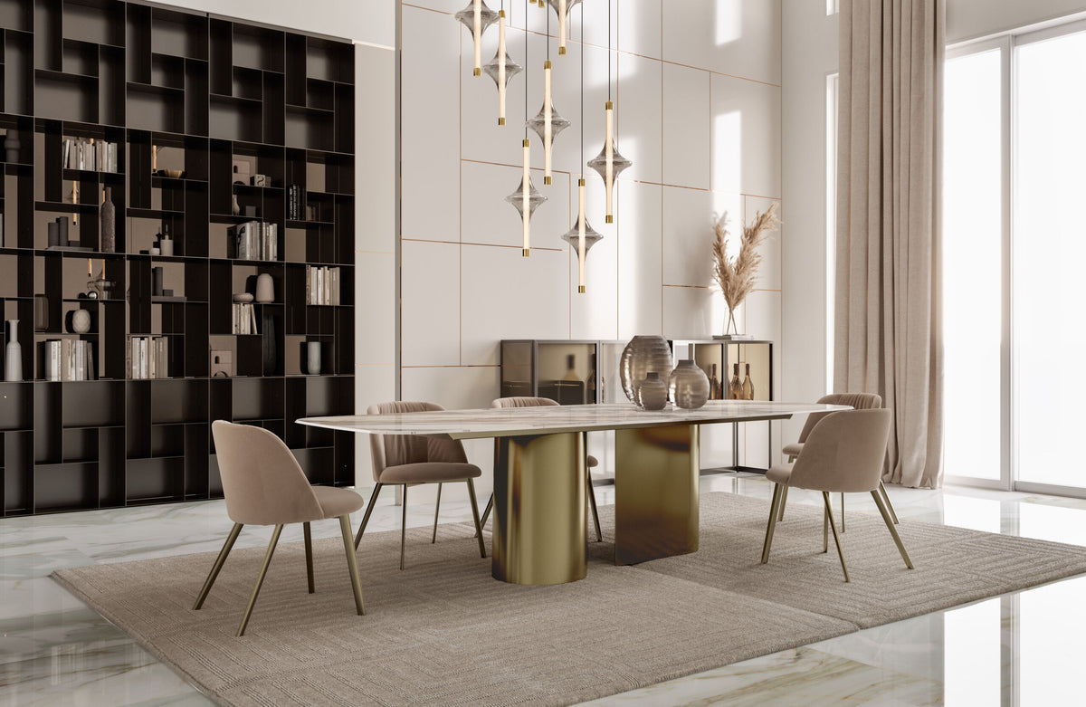 Bontempi Kimono Dining Table — manufacturer photograph; KIMONO 54.12_M328_C115_AGATHA 34.93_M328_VN01_RAIN 56.57RS_M352_RAIN 56.58_M352_ELVIS 15.55_M028_C159_ATENA 16.32_M028_C301_ATENA 16.32_M028_M028_2