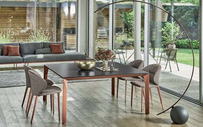Bontempi Mirage Dining Table — manufacturer photograph; MIRAGE_53-02_M329-C183S-DROP_M329-TN004-CIRCLE_56-33_M028-PC003-DIVANO-DAKOTA_M329-PENNY09