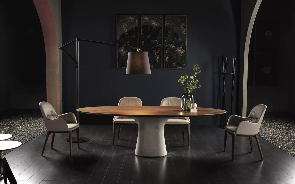 Bontempi Podium Dining Table — manufacturer photograph; PODIUM_52-17L036_PC002_QUEEN_34-38PR05_QUEEN_34-39PR05_CLOE_56-19TEN08_ALGA_07-59M327