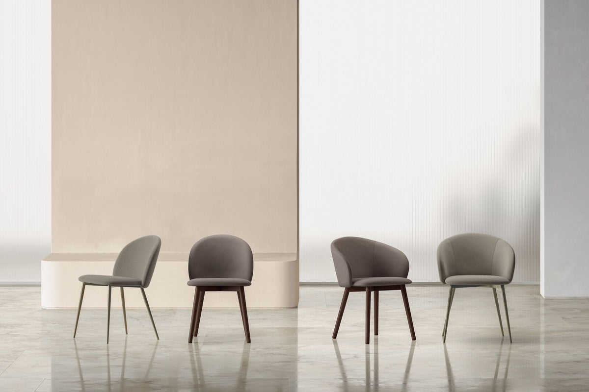 Bontempi Rebecca Dining Chair — manufacturer photograph; REBECCA 34.56 M328 TESU003 REBECCA 34.57 L002 TENO006 REBECCA 34.77 L002 TENO006 REBECCA 34.76 M328 TESU003