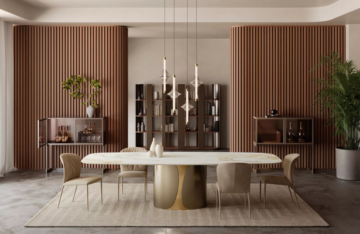 Bontempi Talos Dining Table — manufacturer photograph; TALOS 54.59_M328_M325_CM015 GRACE 40.92_TENO001 RAIN 56.58_M352 ELVIS 15.55_M028_C159 HELENA 18.77_M028_L036 BORGES_7T004