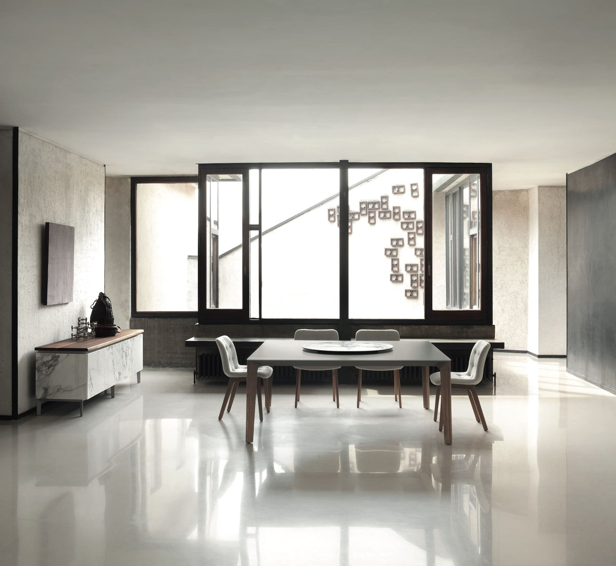 Bontempi Versus Dining Table — manufacturer photograph; VERSUS_20-79L006_C186S_LAZY_SUSAN_07-93CM003_KUGA_40-37L006_TN001_COSMOPOLITAN_15-32SPL006_CM003_NCS3000N_M097