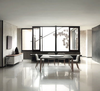 Bontempi Versus Dining Table — manufacturer photograph; VERSUS_20-79L006_C186S_LAZY_SUSAN_07-93CM003_KUGA_40-37L006_TN001_COSMOPOLITAN_15-32SPL006_CM003_NCS3000N_M097