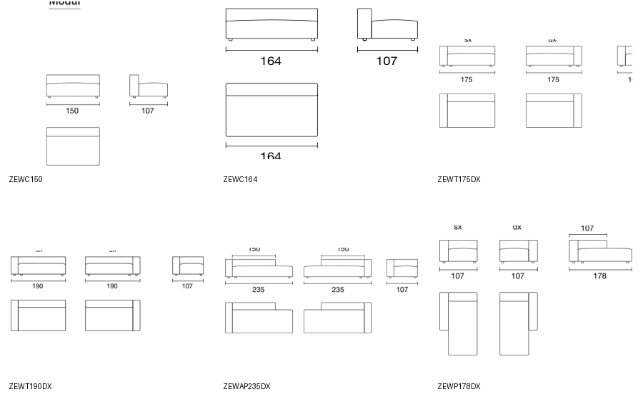 Bontempi Zenit Wall Sofa Component — manufacturer catalogue drawings with article references