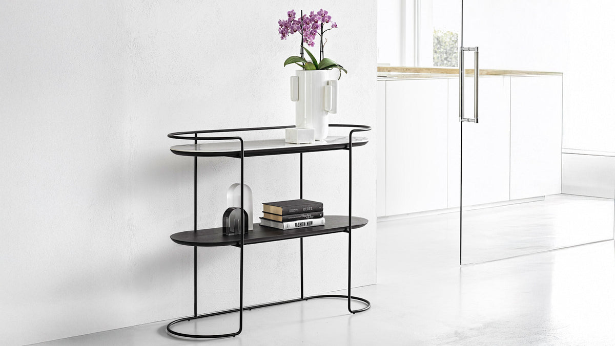 Calligaris Atollo CS5130 console in matt black with a glossy white marble-effect ceramic top.