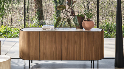 Calligaris Lake CS6076-1 sideboard, 180 cm, Canaletto walnut with Calacatta Paonazzo ceramic top and matt-black legs
