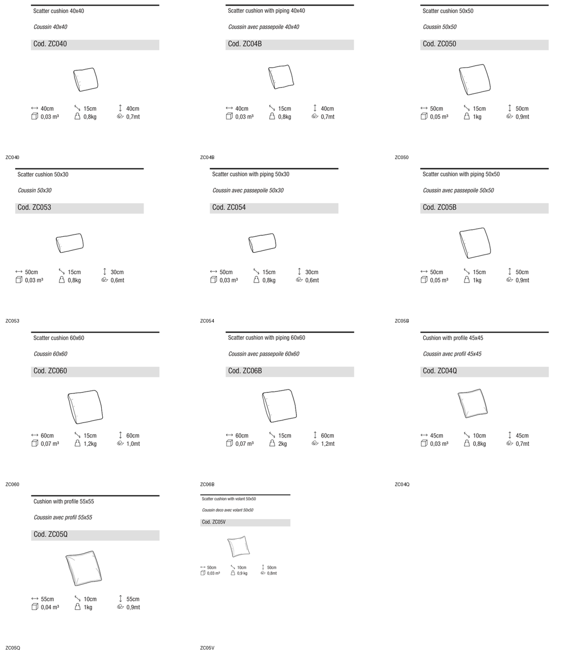 Ditre Italia Indoor cushions with Ecosy padding — manufacturer article drawings and dimensions
