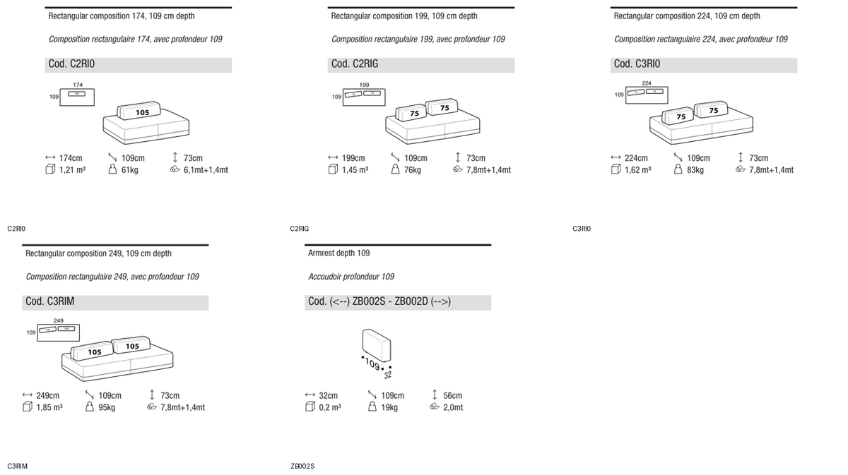 Ditre Italia Sanders elements width 109 with back cushions with zip — manufacturer article drawings and dimensions