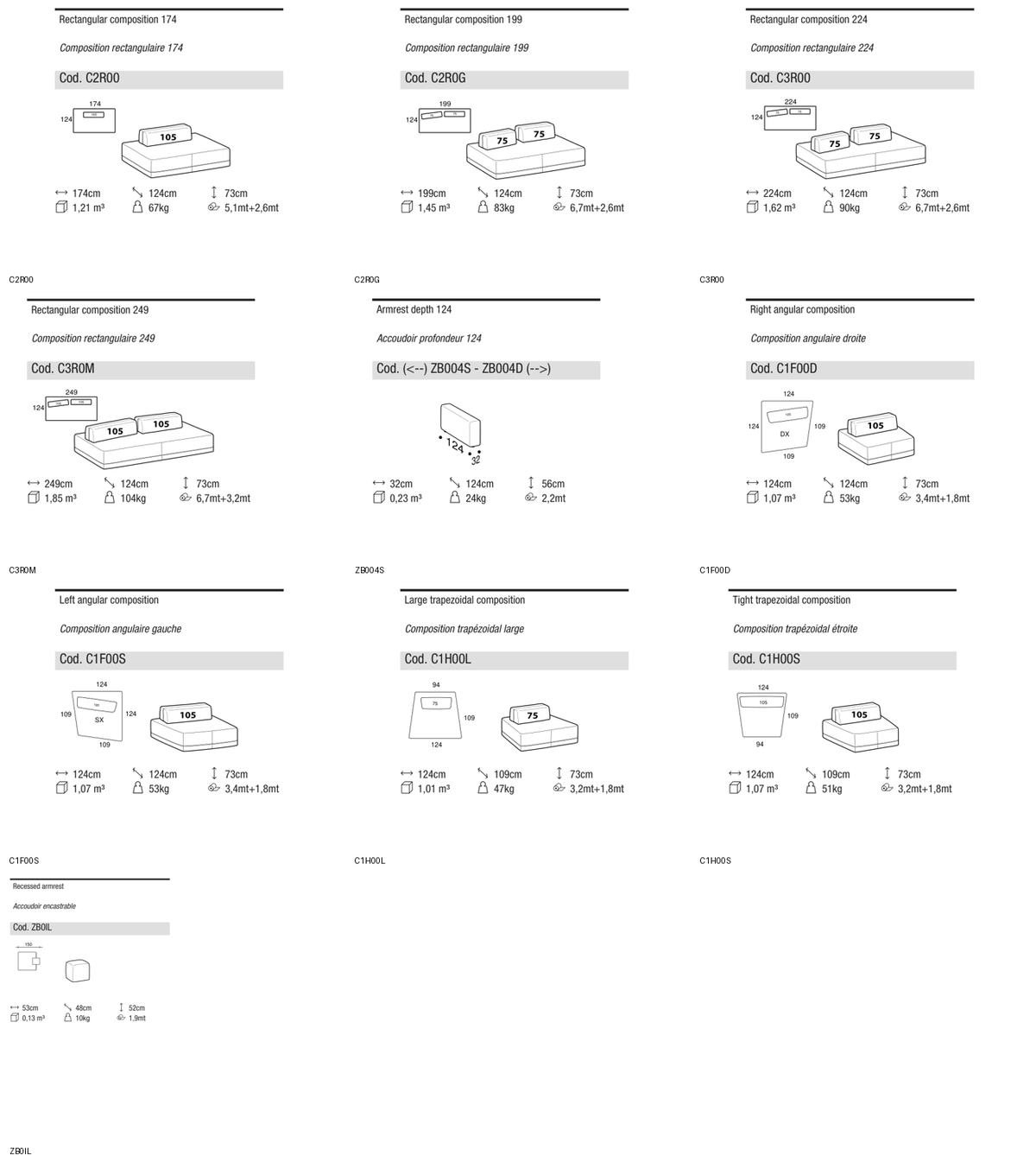 Ditre Italia Sanders elements with back cushions with zip — manufacturer article drawings and dimensions