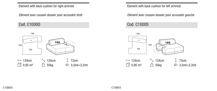 Ditre Italia Sanders elements with back cushions with zip — manufacturer article drawings and dimensions
