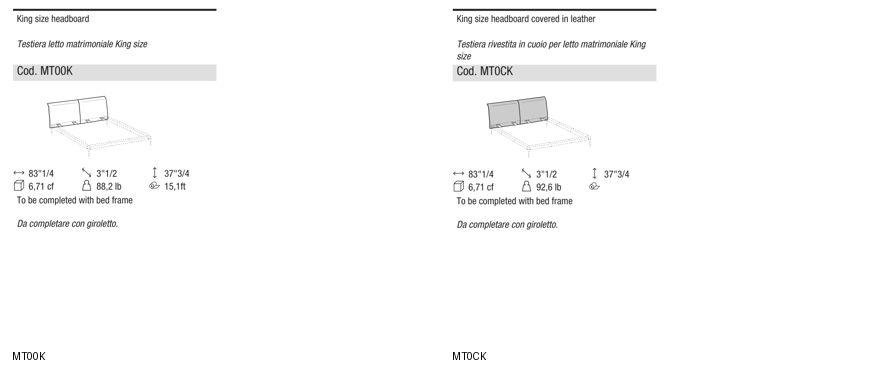 Ditre Italia Ada King size bed — manufacturer article drawings and dimensions