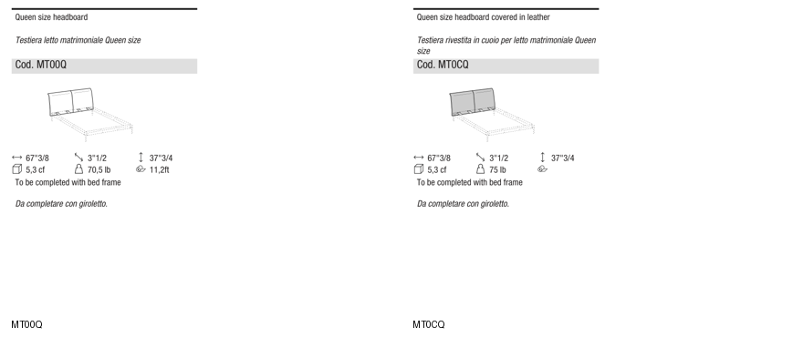 Ditre Italia Ada Queen size bed — manufacturer article drawings and dimensions