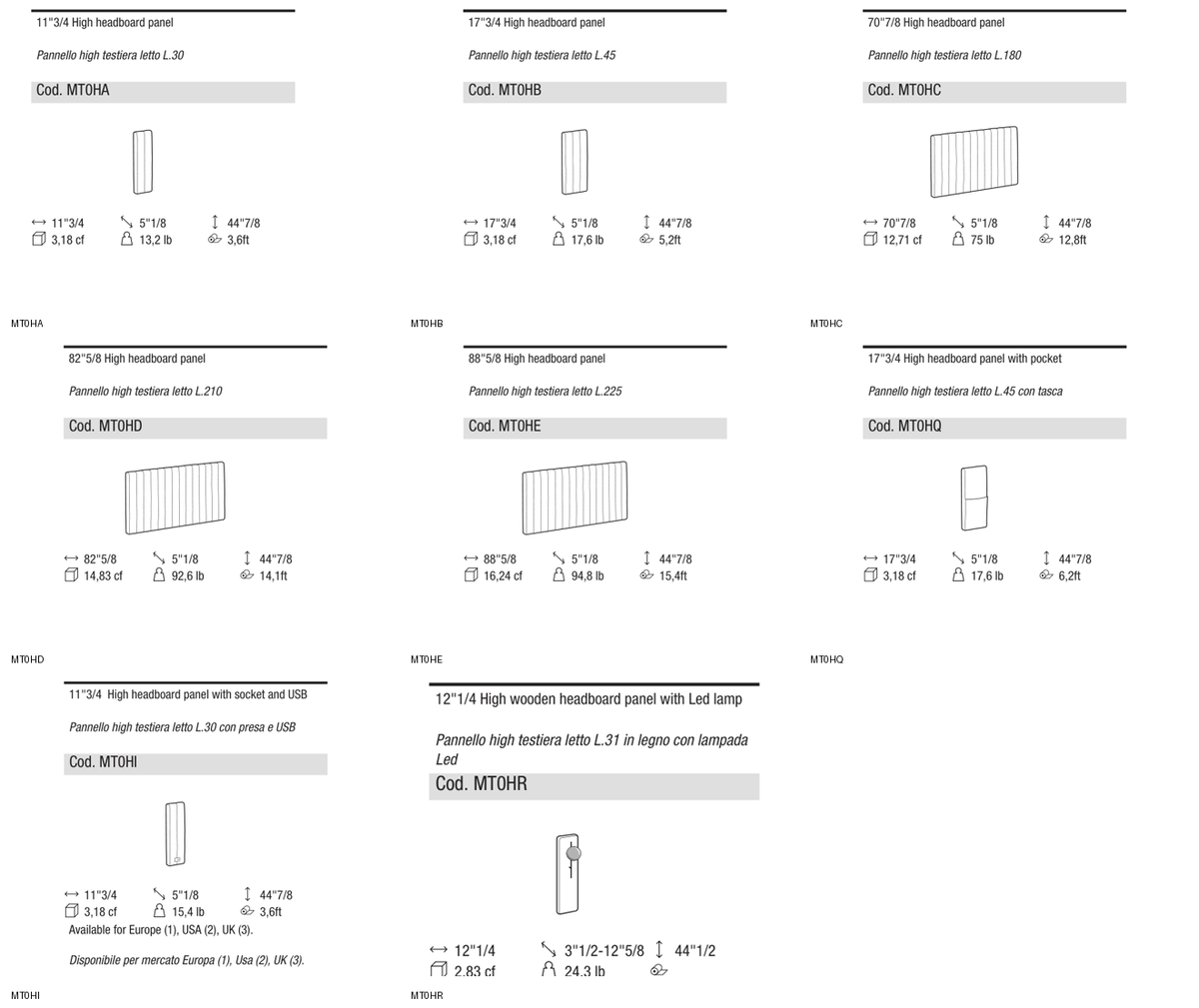 Ditre Italia Otello high headboards — manufacturer article drawings and dimensions