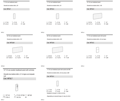 Ditre Italia Otello low headboards — manufacturer article drawings and dimensions