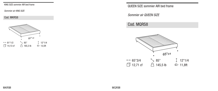 Ditre Italia Sommier with AIR bed frame — manufacturer article drawings and dimensions