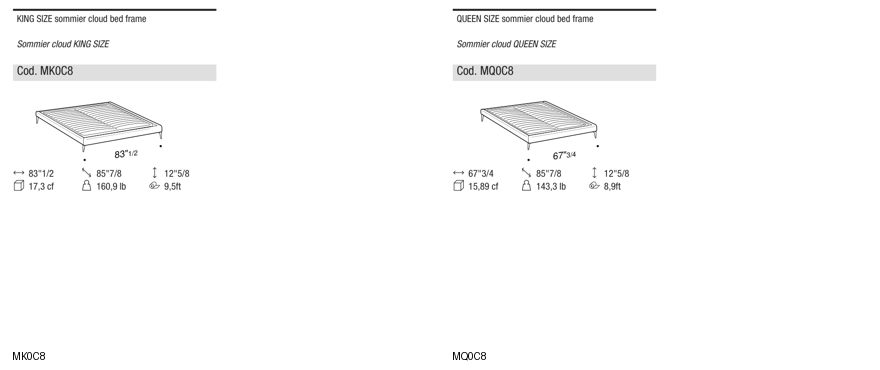 Ditre Italia Sommier with CLOUD bed frame — manufacturer article drawings and dimensions
