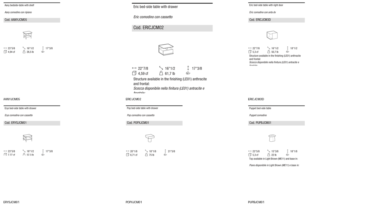 Ditre Italia Aany - Eric - Erys - Pop - Puppet - Skin bed side tables — manufacturer article drawings and dimensions