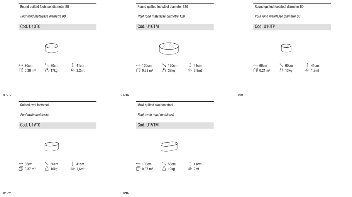 Ditre Italia Clip set quilted footstool — manufacturer article drawings and dimensions