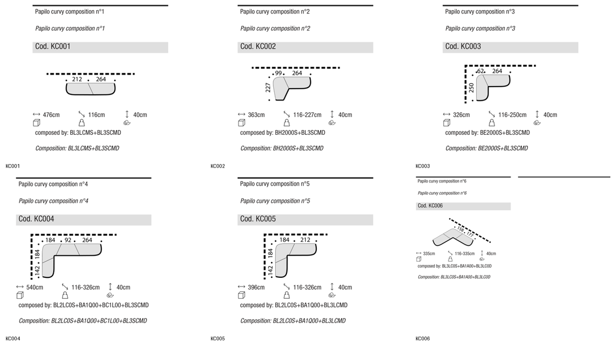 Ditre Italia Papilo CURVY suggested compositions — manufacturer article drawings and dimensions