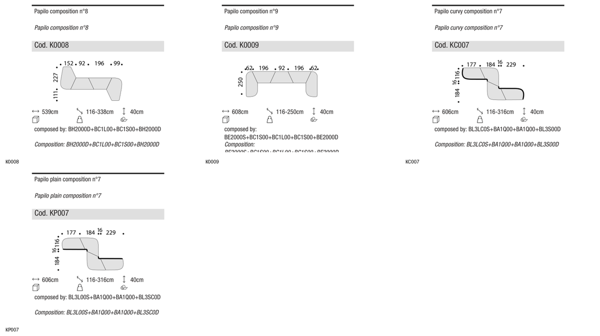 Ditre Italia Papilo PLAIN - CURVY suggested turnkey compositions — manufacturer article drawings and dimensions