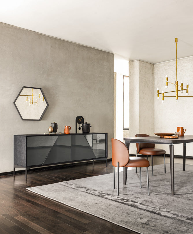 Alf DaFrè Esagona hexagonal mirror with fixed Moka Shine frame in a manufacturer room photograph; other furnishings not included.