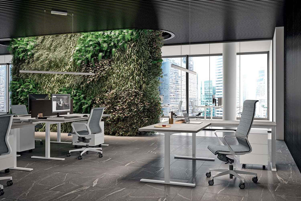 Quadrifoglio Idea+ Tube Two 60cm deep desks supported on a low credenza unit