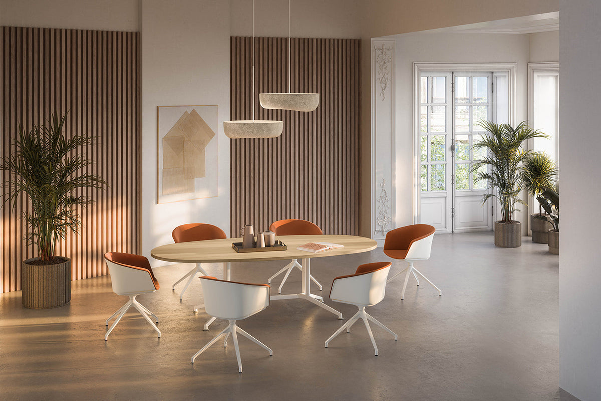 Quadrifoglio Calla chair, swivel trestle base, upholstered seat
