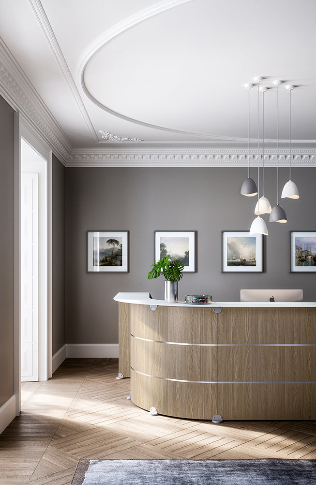 Quadrifoglio Reception Glass 120° reception configuration with high counters - glass countertops