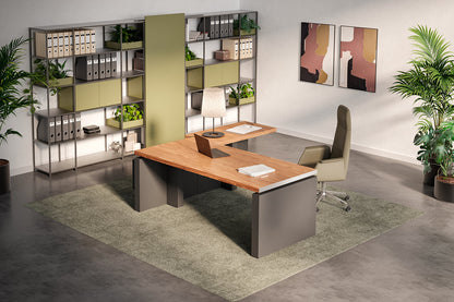 Quadrifoglio X12 Straight desk with veneer top, two lacquered panel end legs with two height adjustable columns