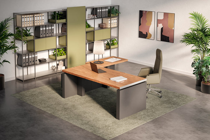 Quadrifoglio X12 Straight desk with veneer top, two lacquered panel end legs with two height adjustable columns