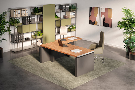 Quadrifoglio X12 RH L-shaped desk with veneer tops and leather inlay, lacquered RH panel end legs and LH monolith leg with three height adjustable columns