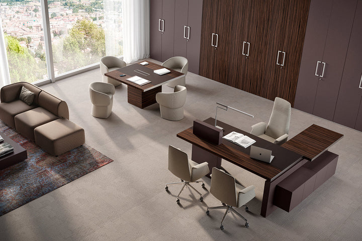 Quadrifoglio X12 LH L-shaped desk with veneer tops and leather inlay, lacquered LH panel end legs and RH monolith leg with three height adjustable columns