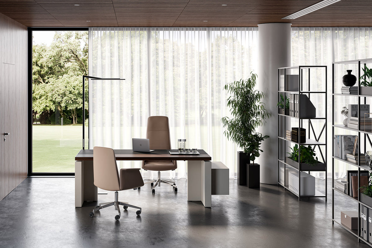 Quadrifoglio X12 LH L-shaped desk with veneer tops, lacquered LH panel end legs and RH monolith leg with three height adjustable columns