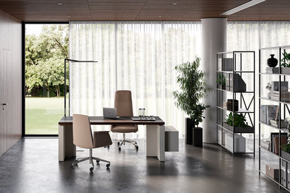 Quadrifoglio X12 Straight desk with veneer top and leather inlay, lacquered LH panel end leg and RH monolith leg with two height adjustable columns