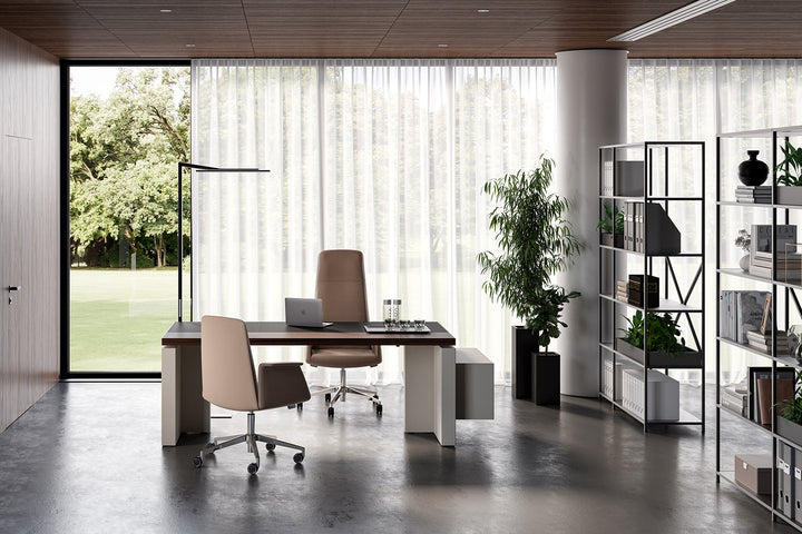 Quadrifoglio X12 Straight desk with veneer top and leather inlay, lacquered RH panel end leg and LH monolith leg with two height adjustable columns