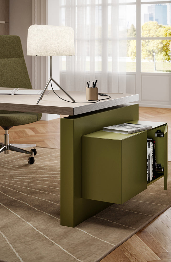 Quadrifoglio X12 LH L-shaped desk with veneer tops and leather inlay, lacquered LH panel end legs and RH monolith leg with three height adjustable columns