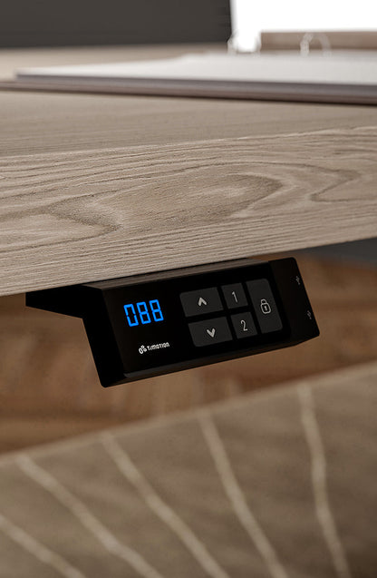 Quadrifoglio X12 LH L-shaped desk with veneer tops, three lacquered panel end legs with three height adjustable columns
