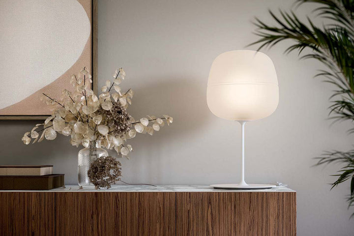 Quadrifoglio Afra, table, white acid-etched glass