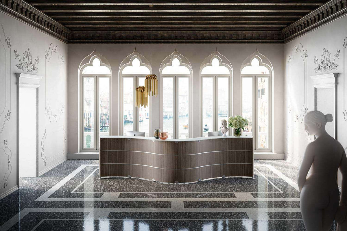 Quadrifoglio Reception Glass 120° reception configuration with RH low counter - glass countertop