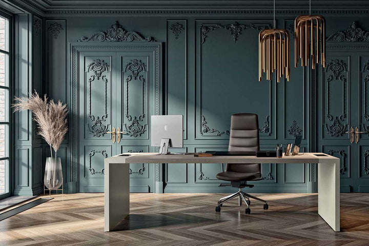 Quadrifoglio e-10 Wood veneer single desk with leather insert and lacquered legs
