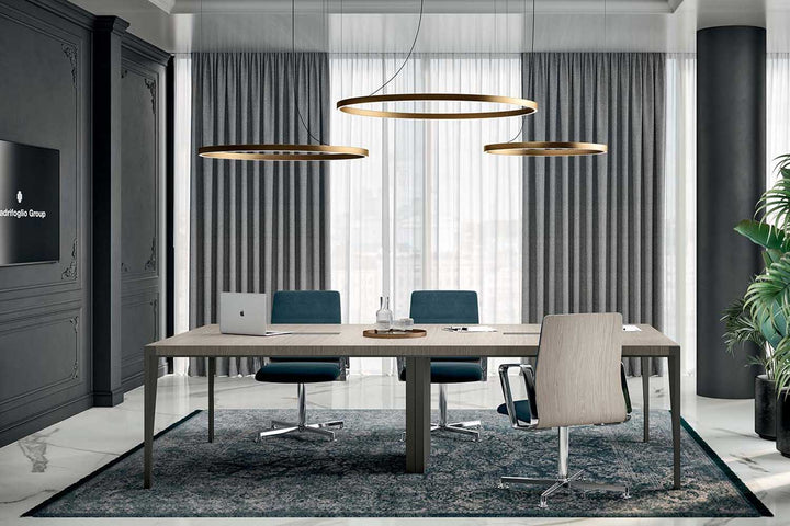 Quadrifoglio X9 Wood veneer single section table with leather inlay