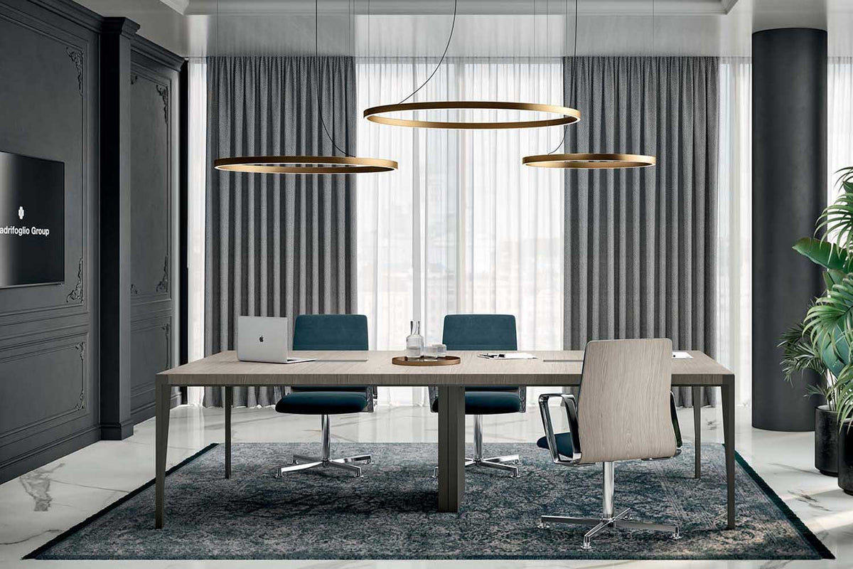 Quadrifoglio X9 Wood veneer desk with RH return unit, lacquered supporting cabinet and static pedestal