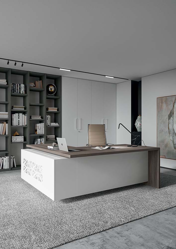 Quadrifoglio T45 L-shaped desk with desk high LH return supported on combination unit, metal back