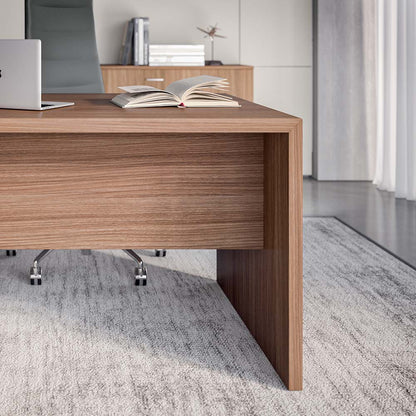 Quadrifoglio T45 L-shaped desk with desk high RH return supported on combination unit, metal back