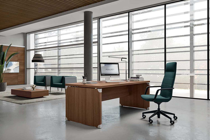 Quadrifoglio X-TimeWork Radial desk + LH glass return on pivot combination unit - 2-drawer pedestal with pen drawer