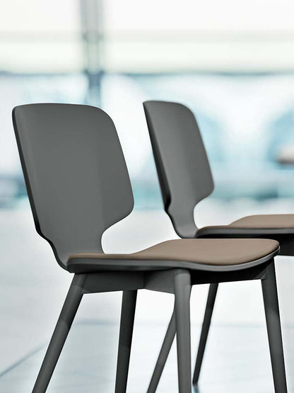 Quadrifoglio Code wooden chair, upholstered seat, sled base in metal